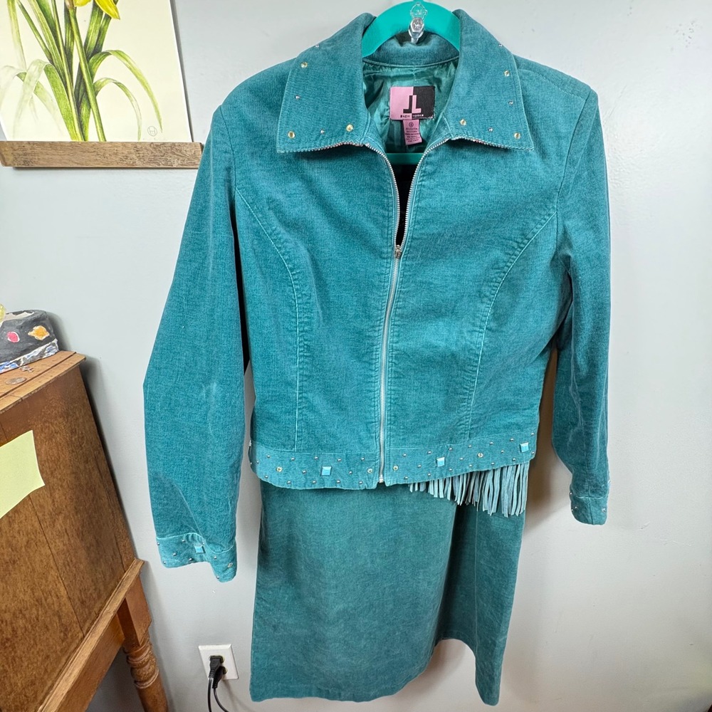 Vintage Teal Corduroy Western Fringe Skirt Set Embroidered Cowgirl 8/12
